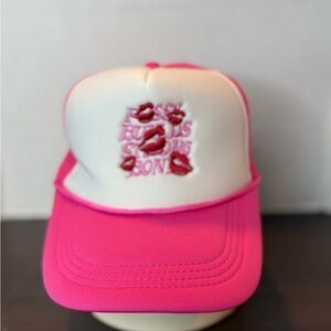 Pink and White Trucker Hat with Lip Print